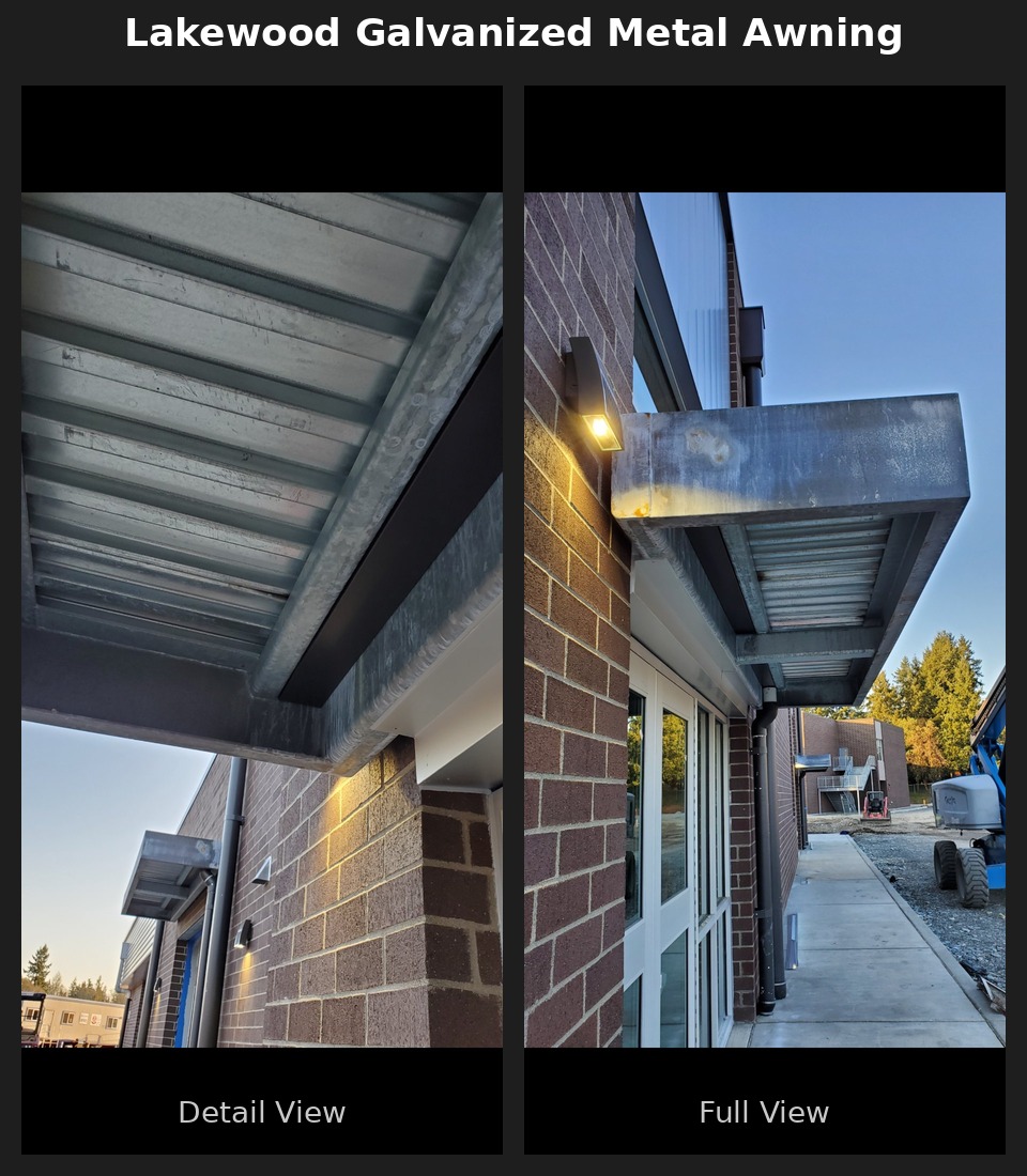 Lakewood galvanized metal awning fabrication — detail and full view