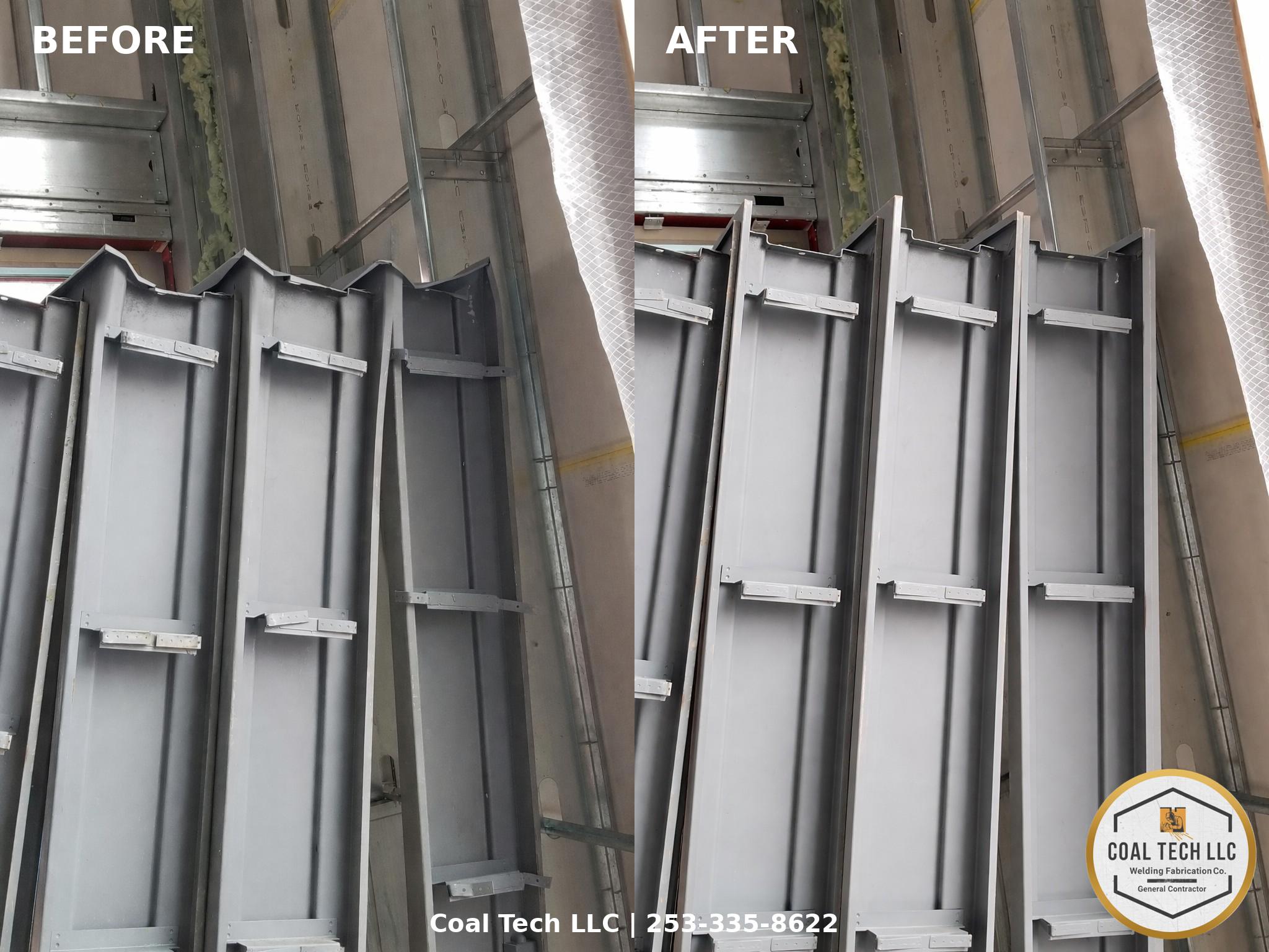 Before and after: Shipping-damaged hollow metal frame repaired by Coal Tech LLC